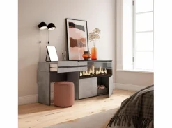 Tocador, 177x35x75cm, Con cajón, Chimenea eléctrica XXL, Cemento^Skraut Home New