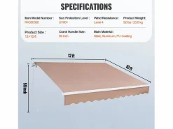 Toldo Retráctil Manual para Patio SucceBuy, 366 x 305 CM, Toldo Retráctil para Patio, Protección Solar con Manivela Caqui Clearance