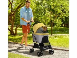 Transportín plegable 2 en 1 para perros con cojín, 4 ruedas y ventana de malla, de acero y Oxford, (82 x 49,5 x 98 cm) Amarillo Best