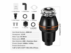 Triturador de Residuos SucceBuy para Fregadero de Cocina, 1/2 CV, Sistema de Trituración de Residuos de Alimentos, 3820 rpm, con Cable de Alimentación Negro Sale