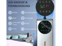 Aire Acondicionado, Ventilación|Ventilador con función nebulizador 90W, 3 modos, depósito de 31L, ruedas, mando a distancia, oscilante, (44,5x38,5x135cm)