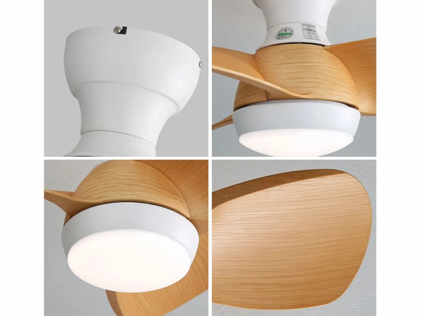 OKWISH Ventilador de techo color madera con luces LED regulables y 3 aspas de ABS para dormitorios y salones. Color natural claro New