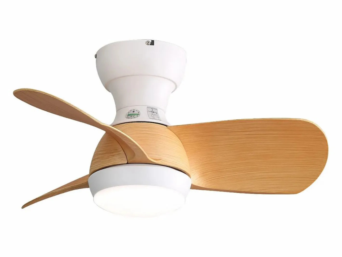 OKWISH Ventilador de techo color madera con luces LED regulables y 3 aspas de ABS para dormitorios y salones. Color natural claro New