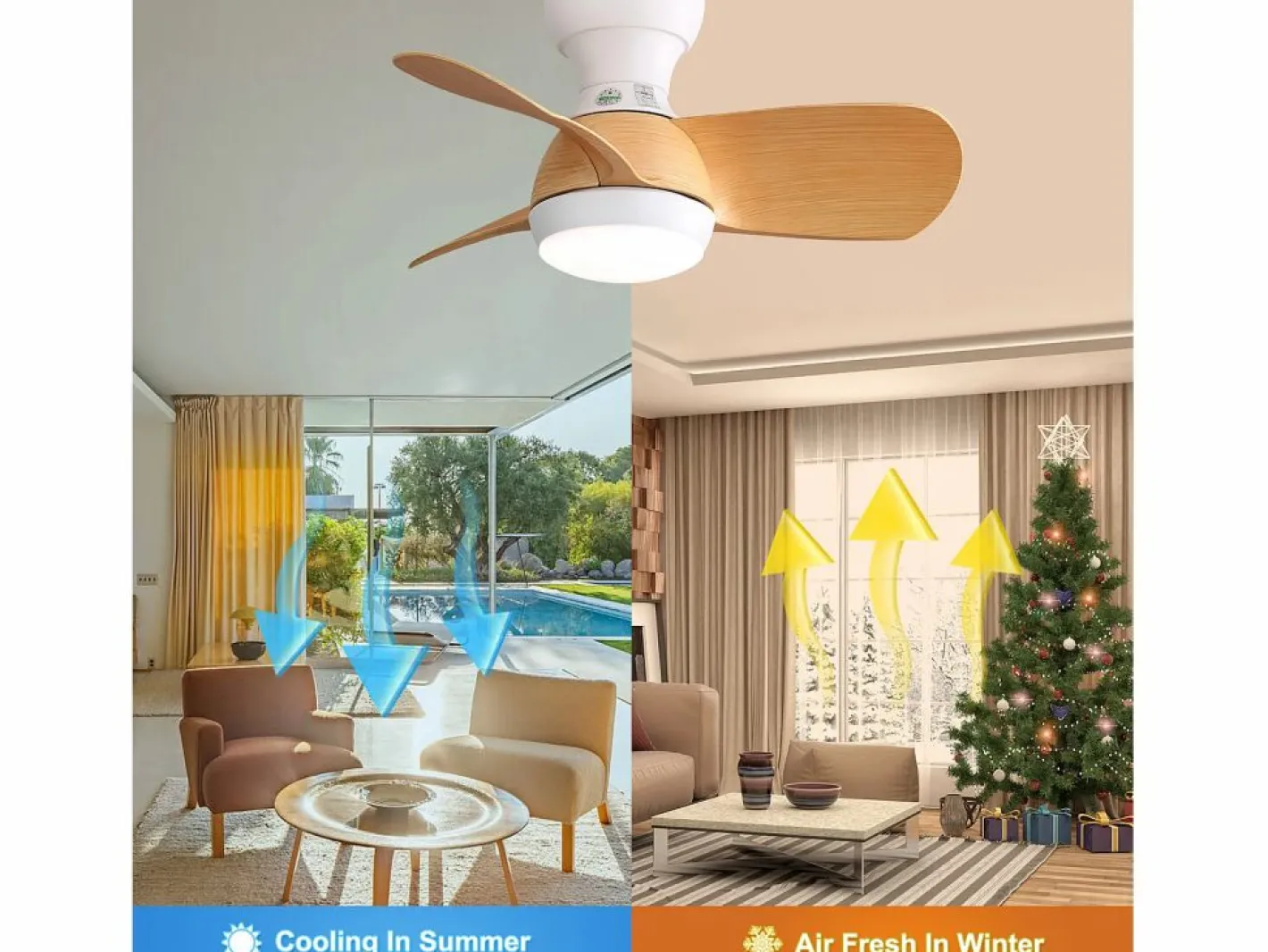 OKWISH Ventilador de techo color madera con luces LED regulables y 3 aspas de ABS para dormitorios y salones. Color natural claro New