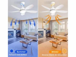 Ventilador de techo con luz, mando a distancia, 6 velocidades, motor DC reversible, ABS, (106,6x106,6x47,5 cm) Blanco Discount