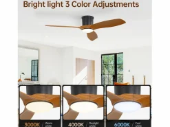 Aire Acondicionado, Ventilación|Ventilador de techo de 52 pulgadas con mando a distancia, 3 aspas ABS, LED regulable de 18 W, 3 colores, función reversible, (132 x 132 x 22,86 cm)