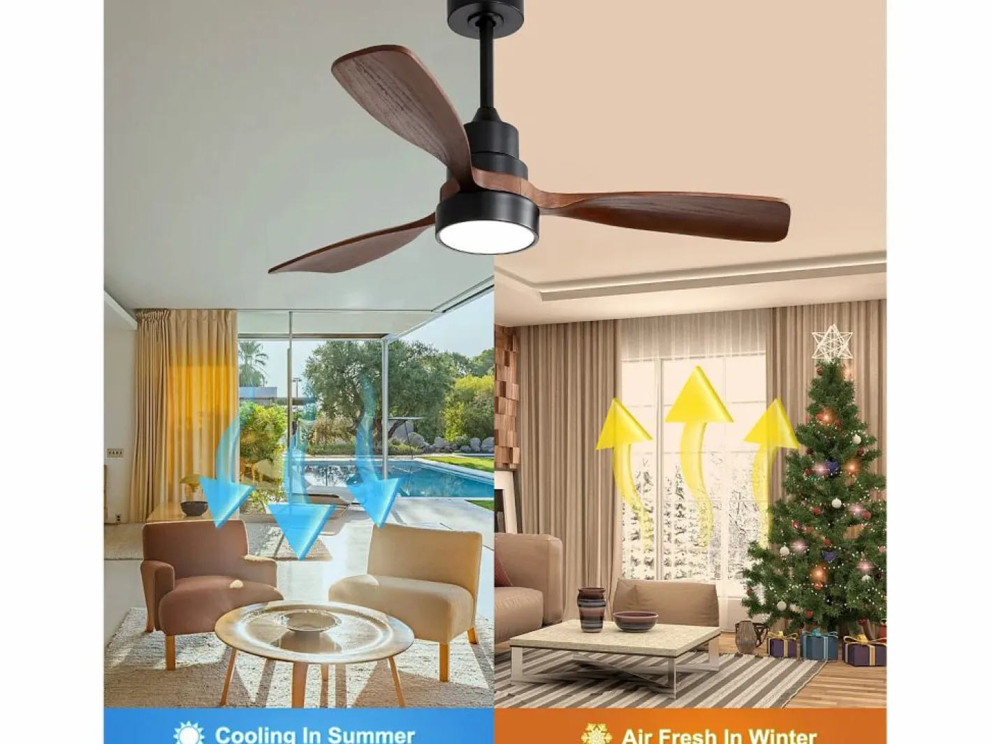 Ventilador de techo de 48 pulgadas con 3 aspas de madera maciza, control remoto, motor CC reversible y ahorro de energía, (122 x 122 x 39 cm) Negro Best