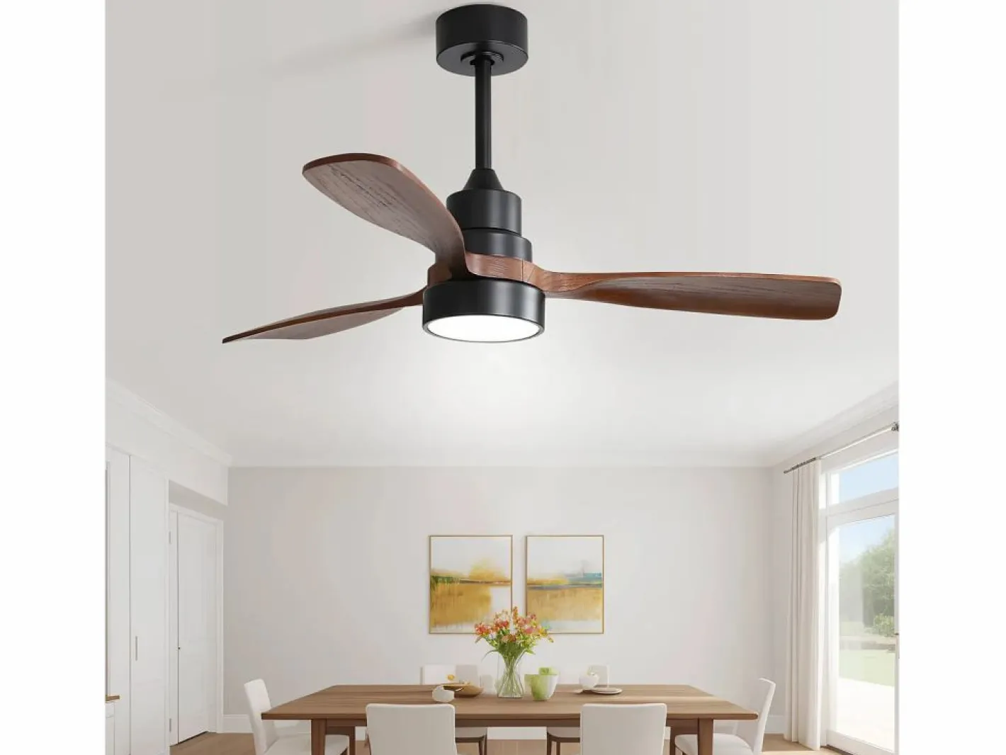 Ventilador de techo de 48 pulgadas con 3 aspas de madera maciza, control remoto, motor CC reversible y ahorro de energía, (122 x 122 x 39 cm) Negro Best