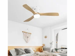 OKWISH Ventilador de techo para salón - 3 aspas de madera - Blanco con luz y 6 velocidades - 132 cm Color natural claro New