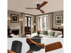 Ventilador de techo silencioso de 52 pulgadas, motor CC reversible, aspas de madera tallada, control remoto, sin luz, color (132 x 132 x 24,5 cm) Negro Online