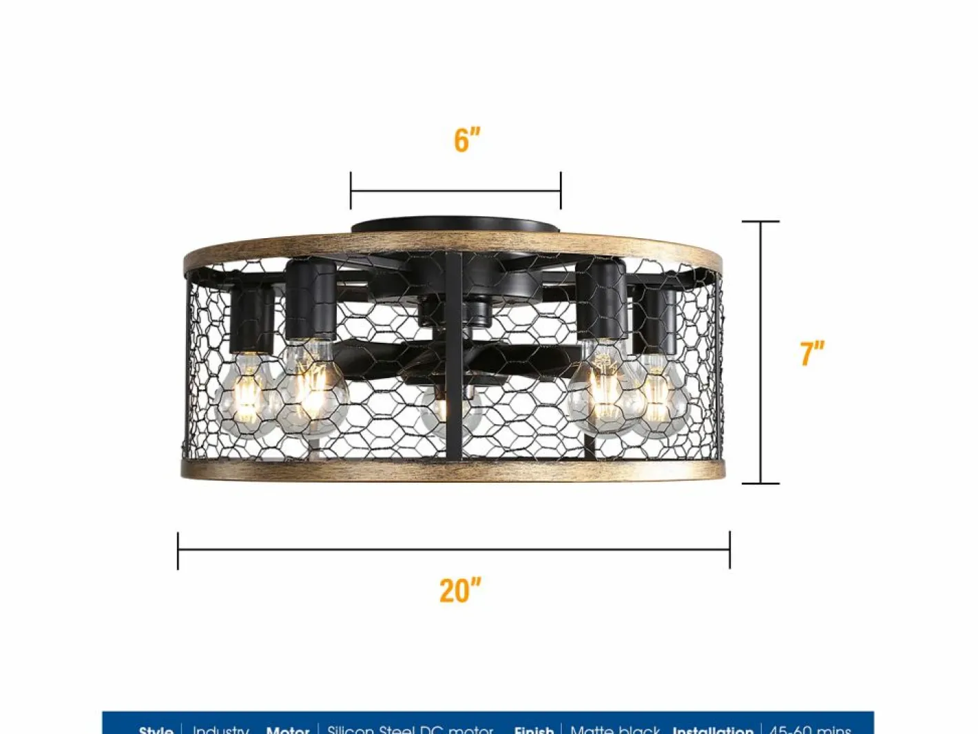 OKWISH Aire Acondicionado, Ventilación|Ventilador de techo tipo jaula - Ventilador de techo empotrado con 7 aspas de ABS y luz - Ajuste de 6 velocidades