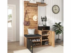 ModernLuxe Armario De Entrada|Vestíbulo con Espejo y Mueble para Zapatos - Natural y Negro - Espacioso y Elegante