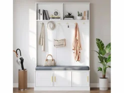 ModernLuxe Vestíbulo moderno - con 6 ganchos y 3 puertas - con banco y estantes abiertos - Blanco Clearance