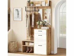 ModernLuxe Armario De Entrada|Vestidor 100×38,5×190 cm - con espejo y zapatero - con 1 cajón y 2 compartimentos - blanco + natural