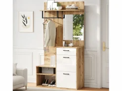 ModernLuxe Armario De Entrada|Vestidor 100×38,5×190 cm - con espejo y zapatero - con 1 cajón y 2 compartimentos - blanco + natural