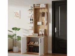 ModernLuxe Armario De Entrada|Vestidor 75×33×180 cm - con perchas y zapatero - 5 compartimentos - 2 puertas - natural + blanco