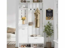 ModernLuxe Vestidor 6 en 1 100×30×180 cm - con 8 ganchos y banco para zapatos - con 2 cajones y 1 puerta - con zapatero - Blanco Sale