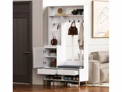 ModernLuxe Armario De Entrada|Vestidor de entrada moderno - con 4 ganchos, 1 puerta y 2 cajones - con banco y estantes abiertos -