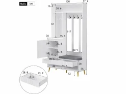 ModernLuxe Armario De Entrada|Vestidor de entrada moderno - con 4 ganchos, 1 puerta y 2 cajones - con banco y estantes abiertos -