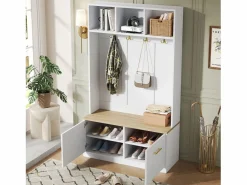 ModernLuxe Armario De Entrada|Vestidor de entrada moderno 105x40x180cm - con 2 puertas - con mueble para zapatos y ganchos - estantes abiertos - + Natural