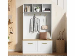 ModernLuxe Armario De Entrada|Vestidor de entrada moderno 105x40x180cm - con 2 puertas - con mueble para zapatos y ganchos - estantes abiertos - + Natural