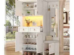 ModernLuxe Vestidor de entrada moderno 120x33.5x180cm - con LED y espejo - con banco de zapatos y mueble de zapatos - con 2 cajones y 5 puertas - Blanco Discount
