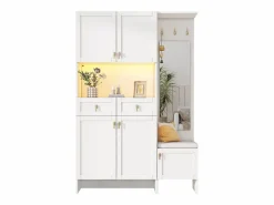 ModernLuxe Vestidor de entrada moderno 120x33.5x180cm - con LED y espejo - con banco de zapatos y mueble de zapatos - con 2 cajones y 5 puertas - Blanco Discount
