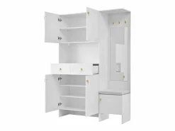 ModernLuxe Vestidor de entrada moderno 120x33.5x180cm - con LED y espejo - con banco de zapatos y mueble de zapatos - con 2 cajones y 5 puertas - Blanco Discount