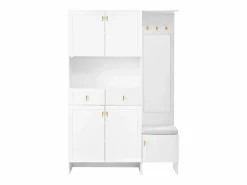 ModernLuxe Vestidor de entrada moderno 120x33.5x180cm - con LED y espejo - con banco de zapatos y mueble de zapatos - con 2 cajones y 5 puertas - Blanco Discount