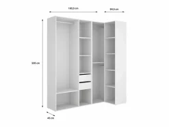 Armario Abierto, Vestidor|Vestidor de rincón Reus con estantes, 2 cajones y trasera reversible en blanco/natural, 2