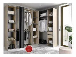 Vestidor de rincón Siles con cortina y cajones acabado natural/grafito, 205cm(alto) 234cm^