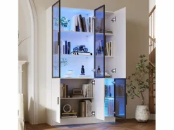 ModernLuxe Vitrina 120×35×200 cm - puertas acristaladas - 6 puertas - con iluminación LED - paneles de partículas + vidrio templado - Blanco Sale