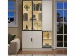 ModernLuxe Vitrina 120×35×200 cm - puertas acristaladas - 6 puertas - con iluminación LED - paneles de partículas + vidrio templado - Blanco Sale