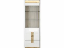 Petits-Meubles Vitrina 1 puerta 2 cajones con LED Helios Blanco lacado y Madera Color natural claro Outlet