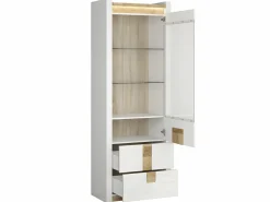 Petits-Meubles Vitrina 1 puerta 2 cajones con LED Helios Blanco lacado y Madera Color natural claro Outlet
