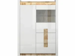 Petits-Meubles Vitrina 2 puertas 2 cajones con LED Helios Blanco lacado y Madera Color natural claro Clearance