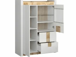 Petits-Meubles Vitrina 2 puertas 2 cajones con LED Helios Blanco lacado y Madera Color natural claro Clearance