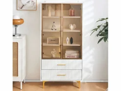 Merax Vitrina 2 puertas de cristal - LED - 70 x 35 x 150 cm - Tablero de partículas - Blanco Discount