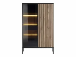 Vente-unique Vitrina|Vitrina 2 puertas y 1 cajón con luces LED en MDF y vidrio ahumado - Negro y Natural - OVILA
