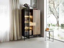 Vente-unique Vitrina|Vitrina 2 puertas y 1 cajón con luces LED en MDF y vidrio ahumado - Negro y Natural - OVILA