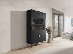 Vente-unique Vitrina 2 puertas y 4 estantes con luces LED - y dorado - NATANIEL Negro Sale