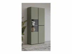 Meublorama Vitrina|Vitrina alta de 2 puertas colección HAVANA con LED integrado. Color salvia y negro.