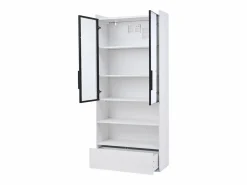 Vitrina alta 80x34x180 cm blanca con cajón, puertas de cristal e iluminación LED^Hauss Spole Discount