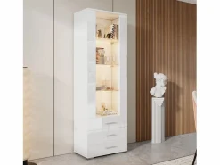 OKWISH Vitrina blanca con iluminación LED, 60x35x180 cm, 3 cajones, estilo moderno, para salón y oficina Blanco