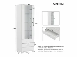 OKWISH Vitrina blanca con iluminación LED, 60x35x180 cm, 3 cajones, estilo moderno, para salón y oficina Blanco