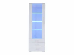 OKWISH Vitrina blanca con iluminación LED, 60x35x180 cm, 3 cajones, estilo moderno, para salón y oficina Blanco