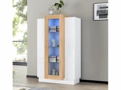 Hauss Spole Vitrina|Vitrina blanca 74x40x120cm con 3 puertas, 1 de ellas acrílica, estantes de cristal, LED incluido