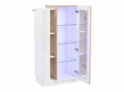 Hauss Spole Vitrina|Vitrina blanca 74x40x120cm con 3 puertas, 1 de ellas acrílica, estantes de cristal, LED incluido