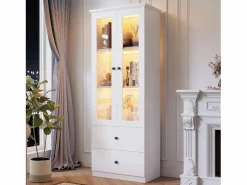 Merax Vitrina|Vitrina con 2 puertas y 2 cajones - 60 x 36 x 165 cm - LEDs - Estantes regulables - Tablero de partículas + MDF -