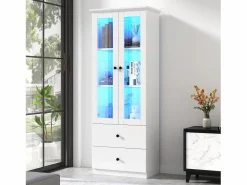 Merax Vitrina|Vitrina con 2 puertas y 2 cajones - 60 x 36 x 165 cm - LEDs - Estantes regulables - Tablero de partículas + MDF -